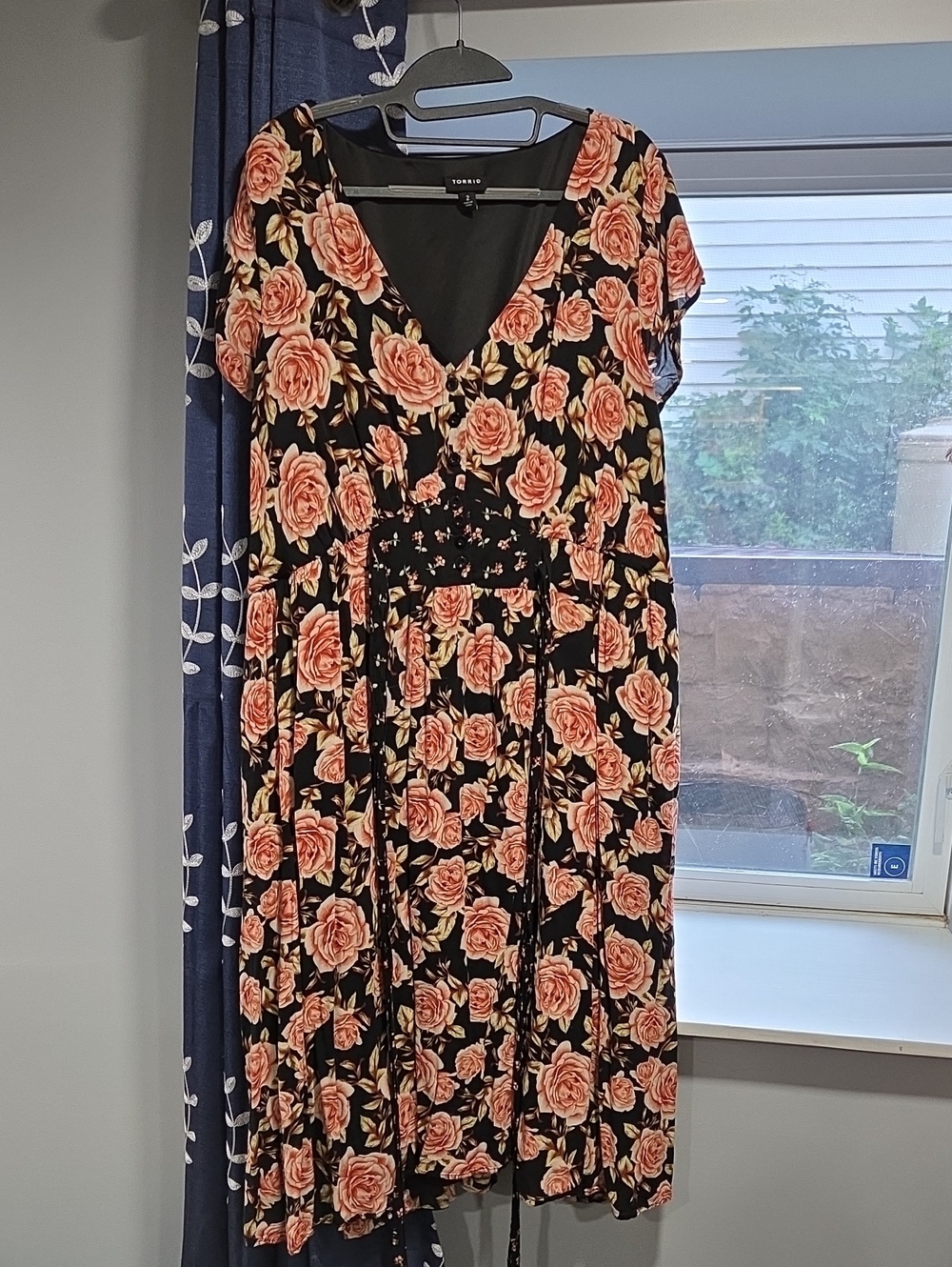 Torrid Floral V-Neck Midi Dress in Black and Peach